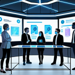 **

A diverse group of people collaboratively making decisions within a DAO. The scene depicts a futuristic, transparent meeting space, with individuals interacting with holographic displays showing blockchain data and voting interfaces. Emphasize community, decentralized governance, and the empowerment of individuals through technology. The style should be bright, modern, and optimistic, suggesting a positive future of organizational structures.

**