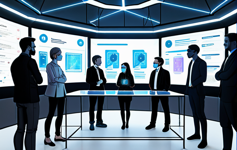 **
A diverse group of people collaboratively making decisions within a DAO. The scene depicts a futuristic, transparent meeting space, with individuals interacting with holographic displays showing blockchain data and voting interfaces. Emphasize community, decentralized governance, and the empowerment of individuals through technology. The style should be bright, modern, and optimistic, suggesting a positive future of organizational structures.
**