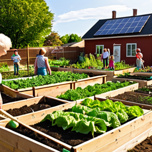 Home 14 **Prompt:** Thriving community garden with diverse neighbors of all ages working together, vibrant vegetables overflowing from raised beds, solar panels visible on nearby rooftops, children learning from elders, warm sunlight, idyllic setting.