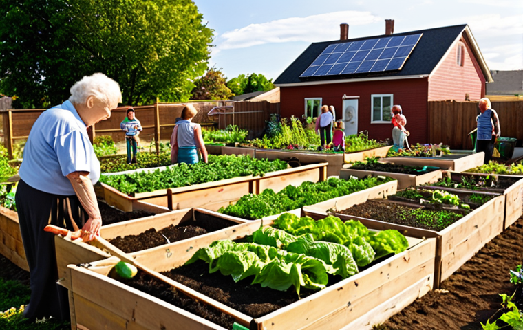 **Prompt:** Thriving community garden with diverse neighbors of all ages working together, vibrant vegetables overflowing from raised beds, solar panels visible on nearby rooftops, children learning from elders, warm sunlight, idyllic setting.