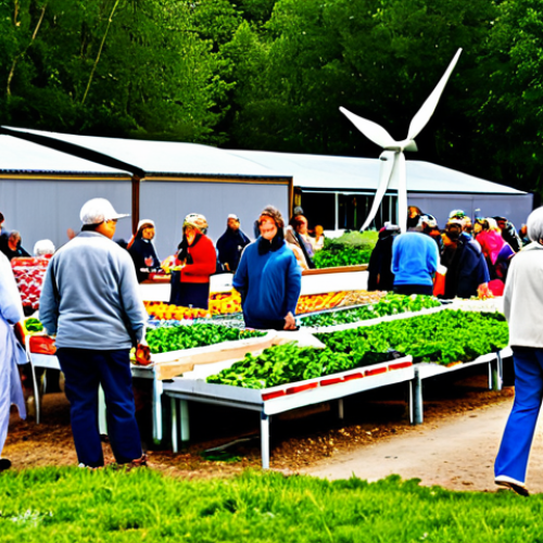 Home 7 A bustling, vibrant community market scene, where diverse individuals of all ages are engaging. People are fully clothed in modest, casual attire, interacting around stalls laden with fresh, locally grown produce from a regenerative farm. In the background, a modern community garden flourishes, tended by volunteers, with a small wind turbine or solar panels visible on a nearby building, symbolizing energy independence. The atmosphere is joyful and collaborative, showcasing strong social connections and a healthy local economy. Professional photography, natural lighting, high quality, safe for work, appropriate content, fully clothed, family-friendly, perfect anatomy, correct proportions, natural pose, well-formed hands, proper finger count, natural body proportions.
