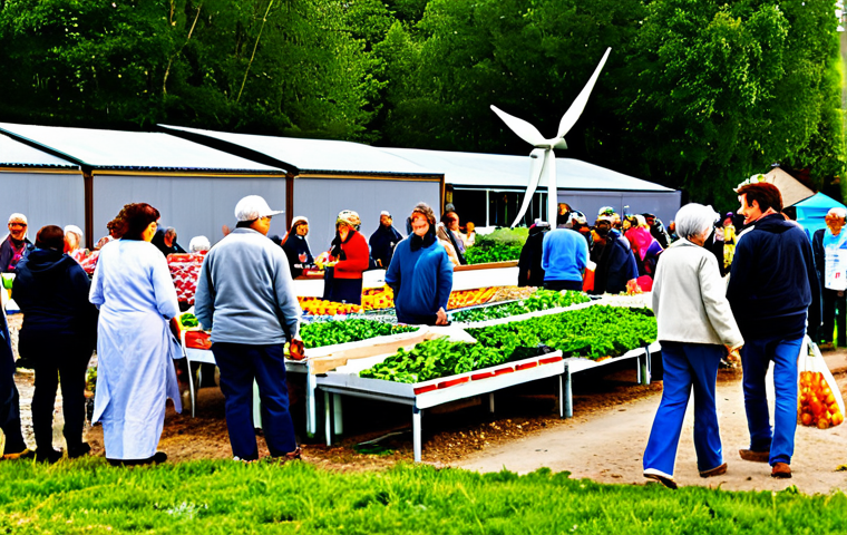 A bustling, vibrant community market scene, where diverse individuals of all ages are engaging. People are fully clothed in modest, casual attire, interacting around stalls laden with fresh, locally grown produce from a regenerative farm. In the background, a modern community garden flourishes, tended by volunteers, with a small wind turbine or solar panels visible on a nearby building, symbolizing energy independence. The atmosphere is joyful and collaborative, showcasing strong social connections and a healthy local economy. Professional photography, natural lighting, high quality, safe for work, appropriate content, fully clothed, family-friendly, perfect anatomy, correct proportions, natural pose, well-formed hands, proper finger count, natural body proportions.