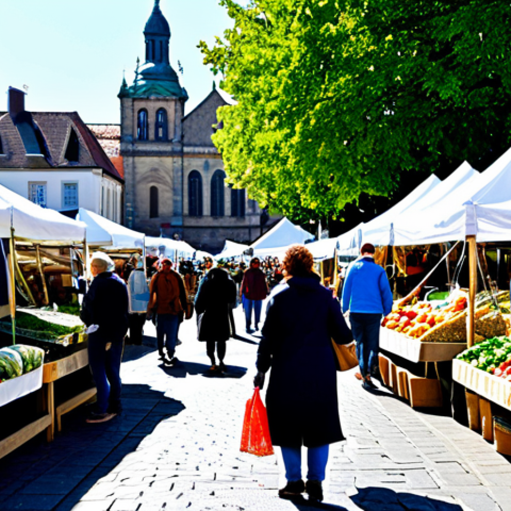 **

"A vibrant farmers market scene in a sunny town square. Local vendors are selling organic produce, handmade crafts, and artisanal goods. Shoppers are browsing the stalls, engaging with vendors, and enjoying the community atmosphere. The scene emphasizes sustainability, local economy, and ethical consumption. Include elements like reusable shopping bags and eco-friendly signage. Safe for work, appropriate content, fully clothed, professional, perfect anatomy, natural proportions, high-quality photography, well-formed hands, proper finger count, modest clothing, family-friendly."

**