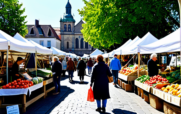 **
"A vibrant farmers market scene in a sunny town square. Local vendors are selling organic produce, handmade crafts, and artisanal goods. Shoppers are browsing the stalls, engaging with vendors, and enjoying the community atmosphere. The scene emphasizes sustainability, local economy, and ethical consumption. Include elements like reusable shopping bags and eco-friendly signage. Safe for work, appropriate content, fully clothed, professional, perfect anatomy, natural proportions, high-quality photography, well-formed hands, proper finger count, modest clothing, family-friendly."
**