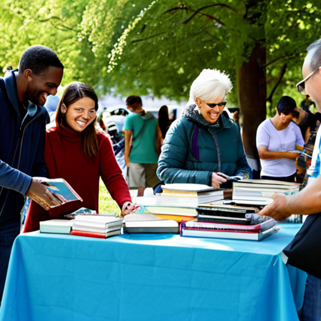 Collaborative Consumption**
Prompt: A diverse group of people happily exchanging items at a community swap meet, fully clothed in casual, comfortable attire, bright sunny day in a park setting, safe for work, appropriate content, professional photography, perfect anatomy, natural proportions, family-friendly. Focus on shared items like tools, books, and clothing. Add "sustainable living" elements.
**