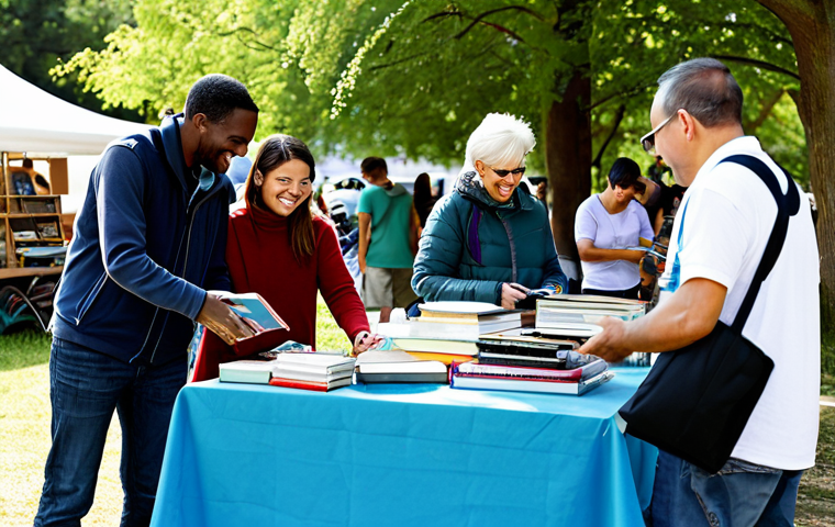 Collaborative Consumption**
Prompt: A diverse group of people happily exchanging items at a community swap meet, fully clothed in casual, comfortable attire, bright sunny day in a park setting, safe for work, appropriate content, professional photography, perfect anatomy, natural proportions, family-friendly. Focus on shared items like tools, books, and clothing. Add "sustainable living" elements.
**