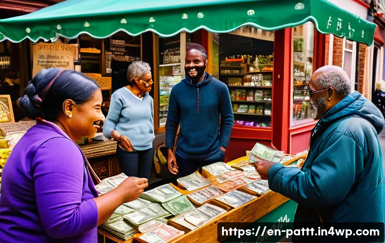 대안경제 모델의 주요 도구와 플랫폼 - A vibrant small town market scene featuring diverse local residents exchanging colorful community cu...