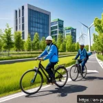 Home 19 대안경제 모델에서의 기후 변화 대응 전략 - A vibrant urban green economy scene featuring diverse people working in renewable energy sectors suc...