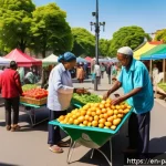Home 18 경제적 불평등 해소를 위한 대안경제 모델 - A vibrant urban community scene depicting diverse neighbors exchanging goods and services using loca...