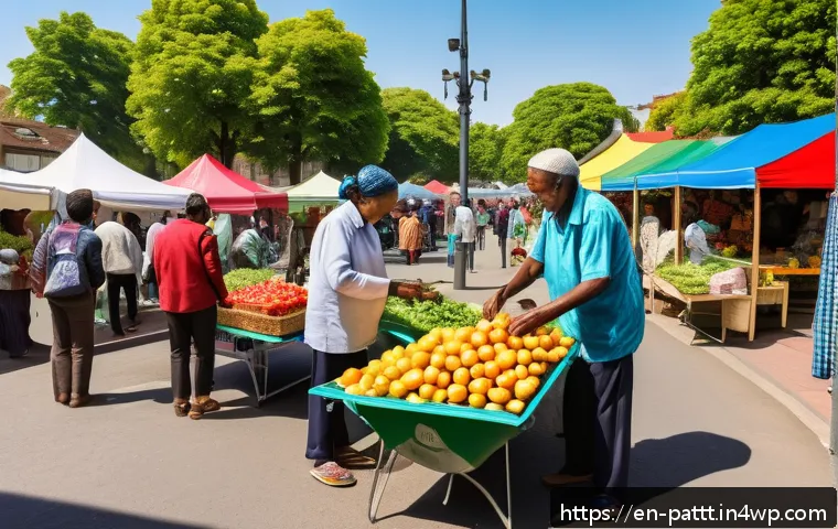 경제적 불평등 해소를 위한 대안경제 모델 - A vibrant urban community scene depicting diverse neighbors exchanging goods and services using loca...