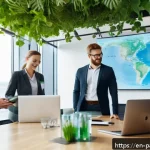 Home 23 대안경제 모델과 기업의 사회적 책임 - A modern corporate office environment showcasing a diverse group of engaged employees collaborating ...