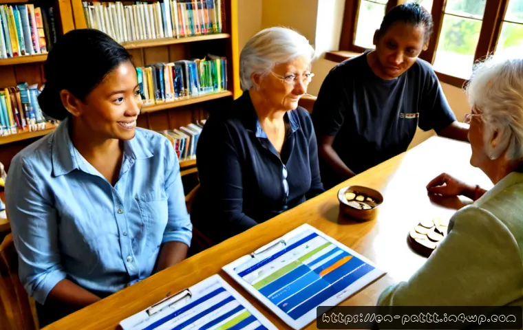 대안경제 모델에서의 성과 측정 방법 - Photorealistic community cooperative meeting in a bright neighborhood library, diverse adults and a ...
