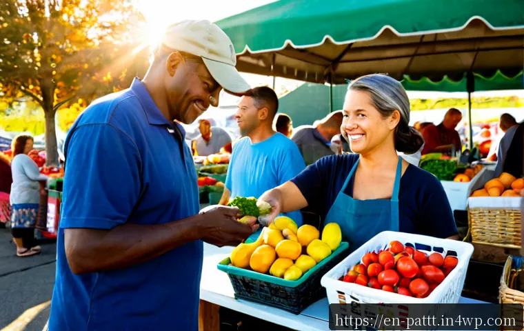 대안경제 모델의 지속 가능성 평가 - Photorealistic community farmers market in a small American town, diverse local growers and shoppers...
